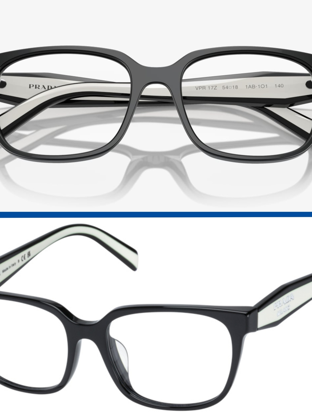 Prada Black and White Rectangular Optical Glasses VPR-17Z